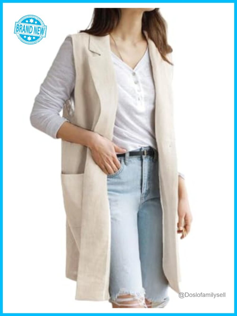 Womens Long Linen Vest Sleeveless Button Front Casual Lightweight Layer